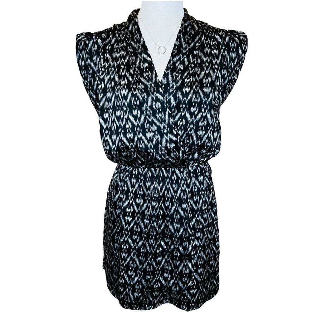 AQUA Womens Faux Wrap Collared V-Neck Printed Mini Dress Black/Gray XS